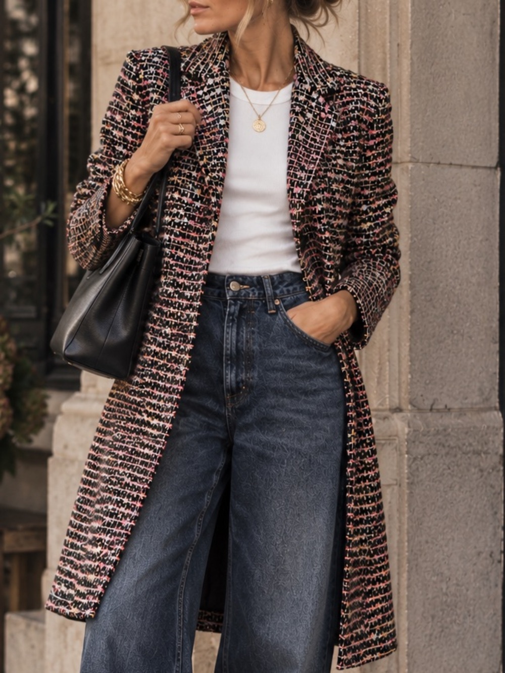 Multicolour Tweed Long Blazer Coat – Size 8